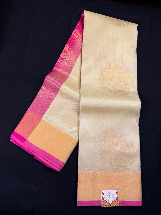 Light Pista Green Pure Kanjivaram Pattu, With Pink Kadi Border, All Over Gold Jari Mango Butas