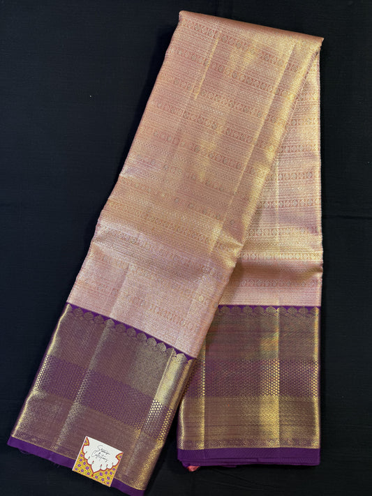 Peach Pure Kanjivaram Pattu With Gold and Silver Jacquard All Over, Big Purple Border With Gold Jari