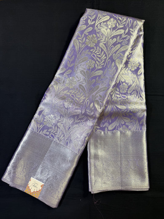 Lavender Pure Kanjivaram Pattu With All Over Silver Jacquard and Big Two Borders, Kadi Border and Flowers