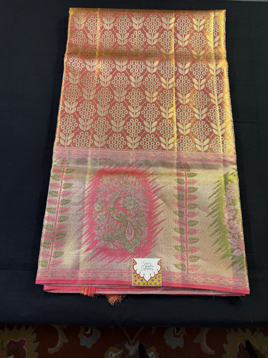 Peach Pure Kanjivaram Pattu With Gold and Silver Jacquard All Over, With Flowers and Leaves, Big Border With Green and Pink Peacocks and Stems and Leaves