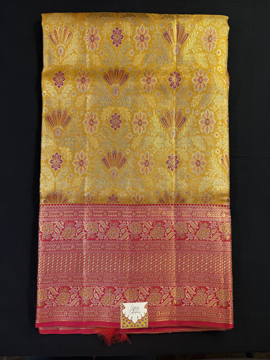 Golden Yellow Pure Kanjivaram Pattu With All Over Gold and Silver Jacquard, Meenakari Border, Bridal Design