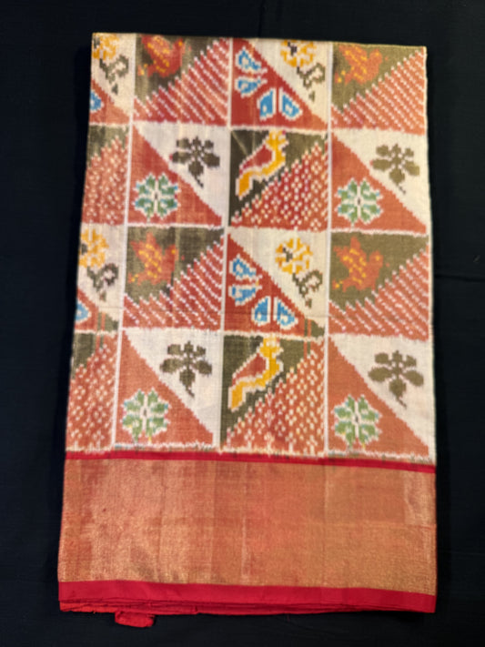 Cream and Orange Ikkat Pochampally Tissue With Red Border