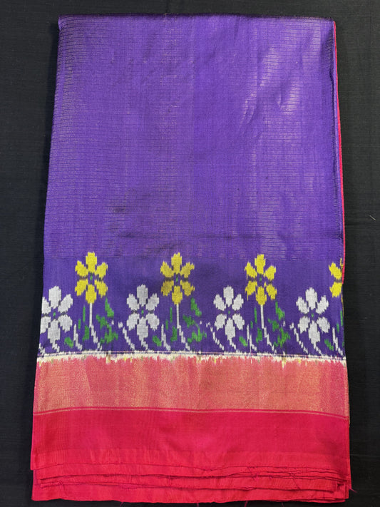 Purple Ikkat Pochampally With Yari Line Design, With Pink Double Border