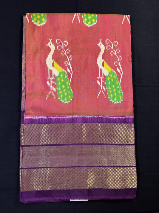 Peach Ikkat Pochampally With Big Purple Border With All Over Whole Peacock Design