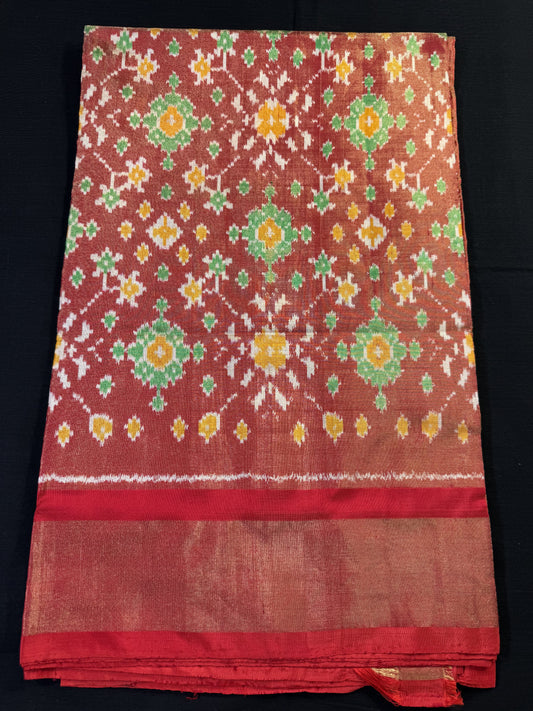 Orange Ikkat Pochampally Tissue With Red Kaddi Border