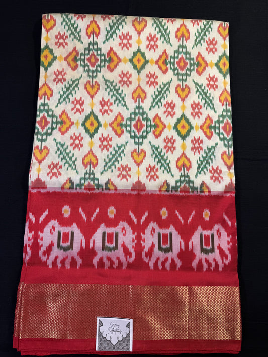 Cream Ikkat Pochampally With Big Kadi Border and Elephant Design Above