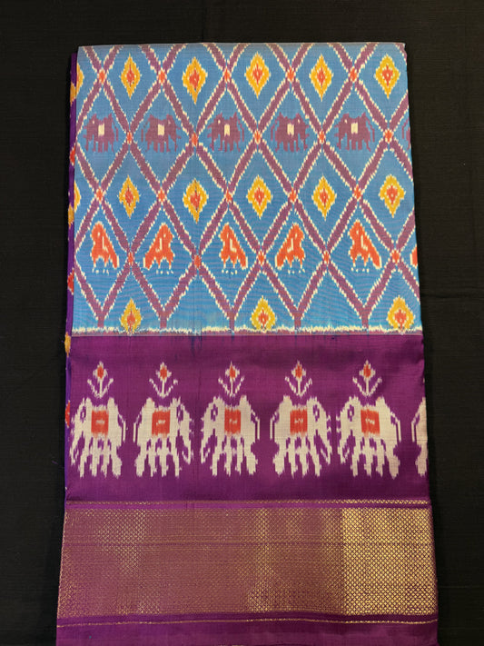 Light Blue Ikkat Pochampally With Big Kadi Border and Elephant Design Above