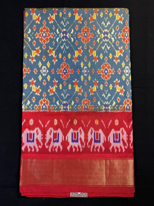Green and Yellow Mixed Ikkat Pochampally With Big Kadi Border and Elephant Design Above