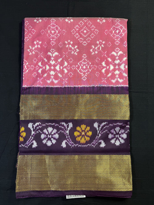 Pink Ikkat Pochampally With Gap Border, 2 Kadi Borders in Between Flower Design in Purple Border