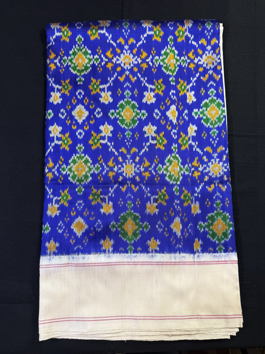 Royal Blue Ikkat Pochampally With Plain Cream Border