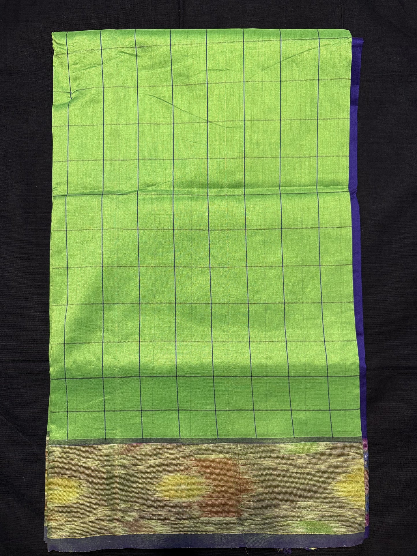 Green Kanjivaram Cotton Silk Saree, with all over checks, Tissue Ikkat border