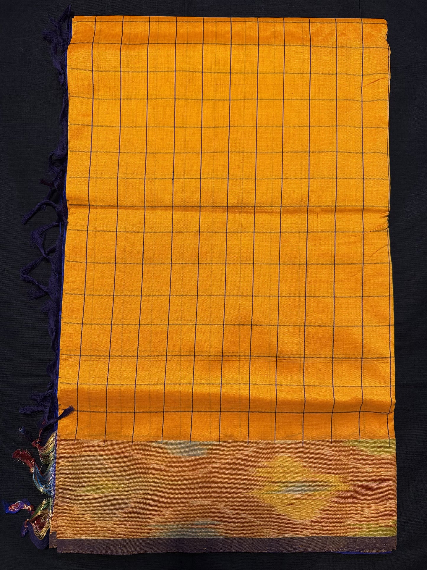 Yellow Kanjivaram Cotton Silk Saree, with all over checks, Tissue Ikkat border