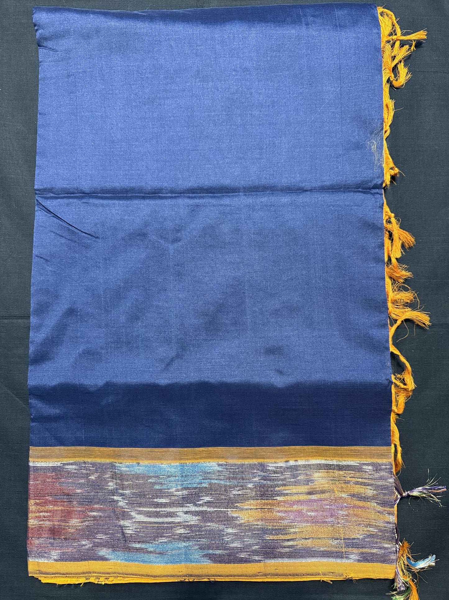 Navy Blue Kanjivaram Cotton Silk Saree, Plain, Tissue Ikkat border