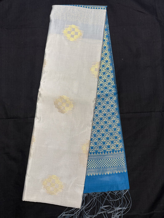 Gray Kanjivaram Fancy Saree, with all over gold butas, borderless