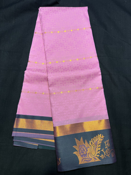 Bay pink Fancy Saree, with jacquard and mangoes all over, copper kadi border and black border with flowers and mangoes