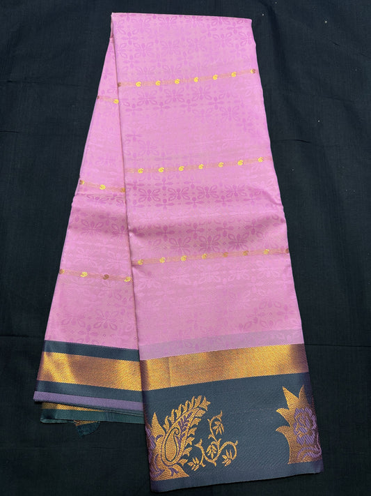 Bay pink Fancy Saree, with jacquard and mangoes all over, copper kadi border and black border with flowers and mangoes