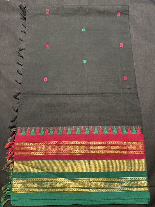 Black Cotton Saree with, green and pink butas all over, triple borders, pink, green kadi border, rudrakshas