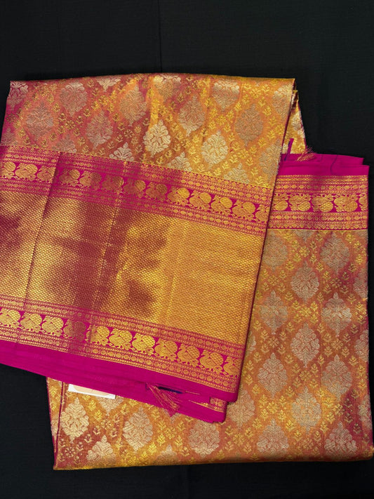 Pink Pure Kanjivaram Pattu, With Triple Border, Jacquard With Tissue All Over, Rudraksha and Peacocks in Border, Kadi Border