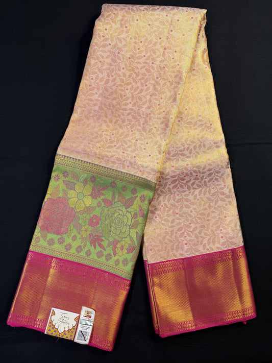 Light Peach Pure Kanjivaram Pattu With Gold Jacquard All Over Leaf Design, Pink Small Thread Butas, Big Double Border With Roses Garalnds and Kadi Border