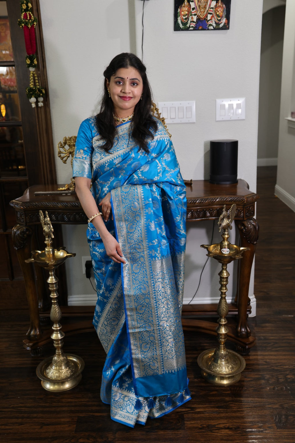 Ready to Wear Azure Blue Banarasi Katan Silk Saree with Silver Zari Jaal & Stitched Blouse