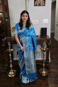 Ready to Wear Azure Blue Banarasi Katan Silk Saree with Silver Zari Jaal & Stitched Blouse