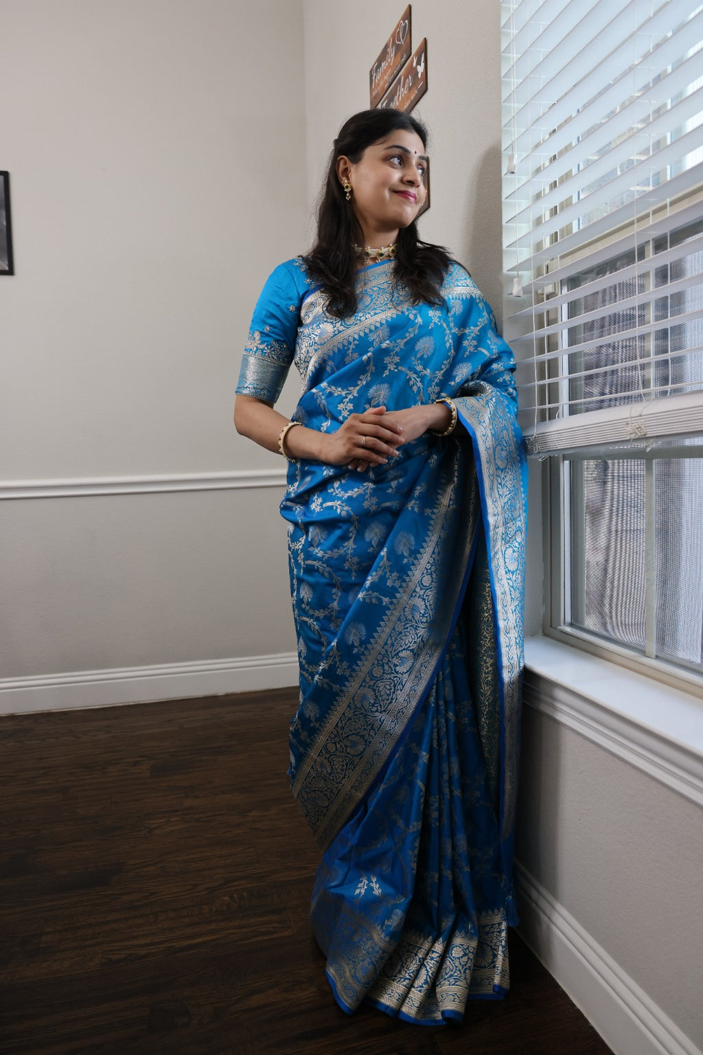 Ready to Wear Azure Blue Banarasi Katan Silk Saree with Silver Zari Jaal & Stitched Blouse