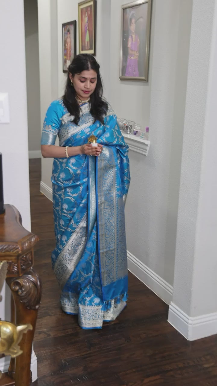 Ready to Wear Azure Blue Banarasi Katan Silk Saree with Silver Zari Jaal & Stitched Blouse